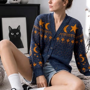 Celestial Moon Star Cardigan, Navy Blue Knit Sweater, Witchy Fall Cardigan, Moon Phase Sweater, Cozy Autumn Gift for Her