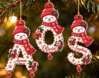 Personalized Snowman Initial Ornament, Custom Name  First Letter Ornament, Monogram Letter Tree Decor, Snowman Family Gift, Holiday Keepsake