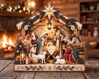 Christmas Nativity Scene Wooden Block, Rustic Holy Family Manger Christmas Shelf Sitter, Christian Christmas Decor, Christian Religious Gift