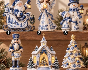 Blue Toile Christmas Wooden Block, Chinoiserie Christmas Decor, Santa Nutcracker Angel Snowman, Holiday Shelf Sitter, Winter Wonderland