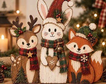 Vintage Woodland Christmas Decor, Rustic Deer Fox Bunny Table Decor, Christmas Farmhouse Animal Shelf Sitter, Forest Animal Holiday Decor