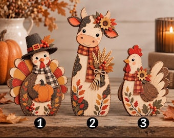 Vintage Thanksgiving Farmhouse Decor, Turkey Cow Chicken Wooden Shelf Sitter, Autumn Home Decor, Fall Farmhouse Decor, Thanksgiving Gift