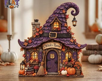 Personalized Witch House Wooden Block, Custom Vintage Witch Cottage Shelf Sitter, Autumn Witch’s Nook Decor, Spooky Fall Gift, Witch Gift