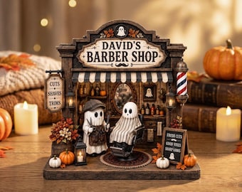 Personalized Ghost Barber Shop Wooden Block, Custom Barber Sign Decor, Spooky Barbershop Display, Halloween Barber Gift, Barber Owner Decor