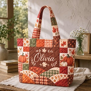 May include: A quilted tote bag featuring a patchwork design of autumn leaves, pumpkins, and plaid patterns in shades of orange, brown, and green. The center panel is solid brown with the name Olivia printed in white script surrounded by leaf motifs.