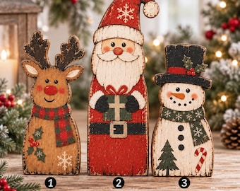 Vintage Christmas Wooden Block, Santa Reindeer Snowman Decor, Rustic Christmas Shelf Sitter, Farmhouse Mantel Decor,Winter Tiered Tray Decor