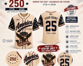 Custom Baseball Jersey, Personalized Name Number Shirt, USA 250th Anniversary Baseball Jersey, 1776 2026 Patriotic Family Gift