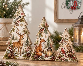 Woodland Christmas Tree Wooden Blocks, Rustic Forest Animal Decor, Deer Fox Owl Christmas Trees, Farmhouse Holiday Table Decor, Winter Decor