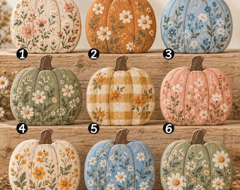 Vintage Floral Pumpkin Wooden Block, Farmhouse Pumpkin Shelf Sitter, Rustic Autumn Home Decor, Thanksgiving Table Decor, Floral Lover Gift