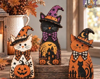 Vintage Halloween Cat Wooden Block, Black Cat Witch Shelf Sitter, Witch Cat Figurine, Rustic Fall Mantel Tiered Tray Decor, Halloween Gift