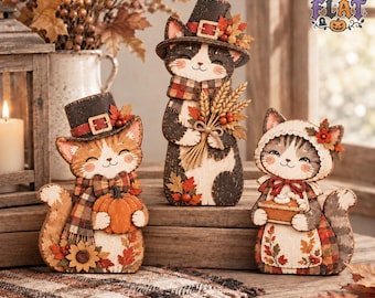 Vintage Thanksgiving Cat Wooden Decor, Pilgrim Cat Shelf Sitter, Rustic Fall Cat Decor, Harvest Farmhouse Tabletop Decor, Cat Lover Gift