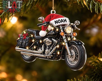 Personalized Motorcycle Christmas Ornament, Custom Name Biker Ornament, Motorcycle Rider Gift, Santa Hat Motorbike Keepsake, Biker Xmas Gift