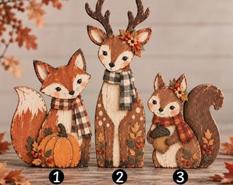 Vintage Fall Woodland Animals Wooden Decor, Fox Deer Squirrel Shelf Sitter, Rustic Autumn Home Decor, Farmhouse Fall Decor,Thanksgiving Gift