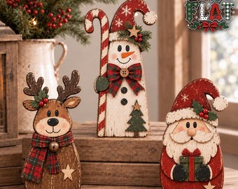 Vintage Christmas Wooden Decor, Rustic Santa Snowman Deer Shelf Sitter, Farmhouse Holiday Decor, Woodland Christmas Tiered Tray, Xmas Gift