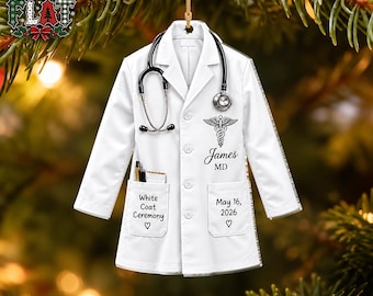 Personalized Doctor White Coat Ornament, Custom Name MD Ceremony Ornament, Medical School Graduation Gift, Physician Keepsake, Doctor Gift