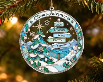Personalized Travel Adventure Ornament, Custom Traveling Destination Ornament, Wanderlust Gift, Vacation Memory Tree Decor, Traveler Gift