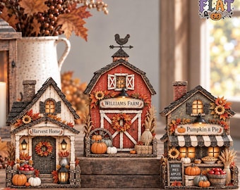 Thanksgiving Farmhouse Decor Set, Fall Harvest Wooden Houses, Pumpkin Farm Stand Decor, Rustic Autumn Tabletop Decor, Farmhouse Shelf Sitter