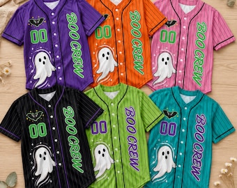 Personalized Ghost Halloween Baseball Jersey, Custom Name Number Jersey, Cute Boo Crew Shirt, Purple Baseball Jersey, Family Halloween Gift