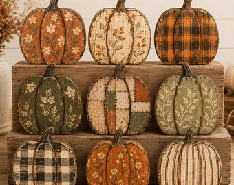 Vintage Fall Pumpkin Wooden Block Set, Plaid Floral Pumpkin Shelf Decor,Rustic Farmhouse Autumn Home Decor, Harvest Decor, Thanksgiving Gift