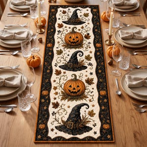 May include: A rectangular table runner featuring a cream-colored center with a repeating pattern of orange jack-o'-lanterns and black witch hats, surrounded by a dark border decorated with small orange pumpkins, stars, and swirling vine motifs.