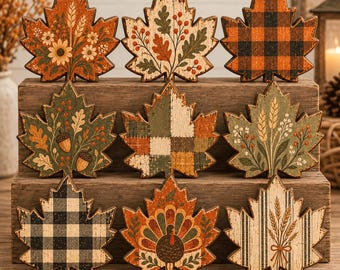 Vintage Fall Maple Leaf Wooden Set, Rustic Sunflower Oak Leaf Acorn Decor, Autumn Harvest Table Decor, Farmhouse Decor, Thanksgiving Gift