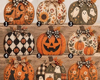 Vintage Halloween Pumpkin Wooden Decor, Rustic Fall Ghost Pumpkin Shelf Sitter, Farmhouse Halloween Decor, Autumn Harvest Decor