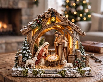 Rustic Christian Nativity Scene Wooden Block, Vintage Holy Family Christmas Manger Shelf Sitter,Religious Holiday Decor,Christmas Faith Gift