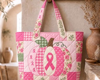 Patchwork Pumpkin Cancer Awareness Tote Bag, Pink Ribbon Breast Cancer Bag, Halloween Pink Ribbon Gift, Cancer Warrior Gift, Survivor Gift