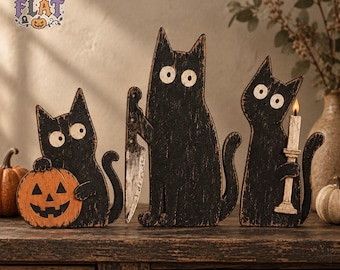 Vintage Funny Black Cat Wooden Block, Halloween Cute Cat Pumpkin Shelf Sitter,Spooky Mantel Decor, Gothic Witchy Cat, Rustic Fall Home Decor