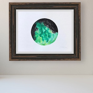 Emerald Green Nebula Space Painting - 9x12 Original Watercolor Painting on Paper