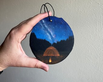 Camping Under the Milky Way, wood slice painting, wood slice art, Milky Way art, Milky Way Galaxy, tent camping, Wood Slice Ornament, Galaxy