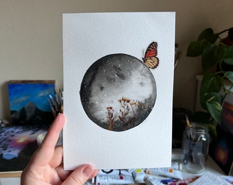 Galaxy Moon Illustration Mixed Media  ORIGINAL Painting