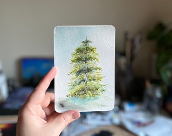 Pine Tree Original Watercolor Postcard Painting