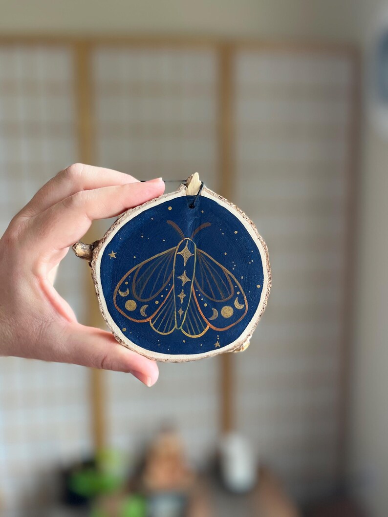 Celestial Moon Phase Moth Wood Slice Painting, Home Decor, Wall Decor ...