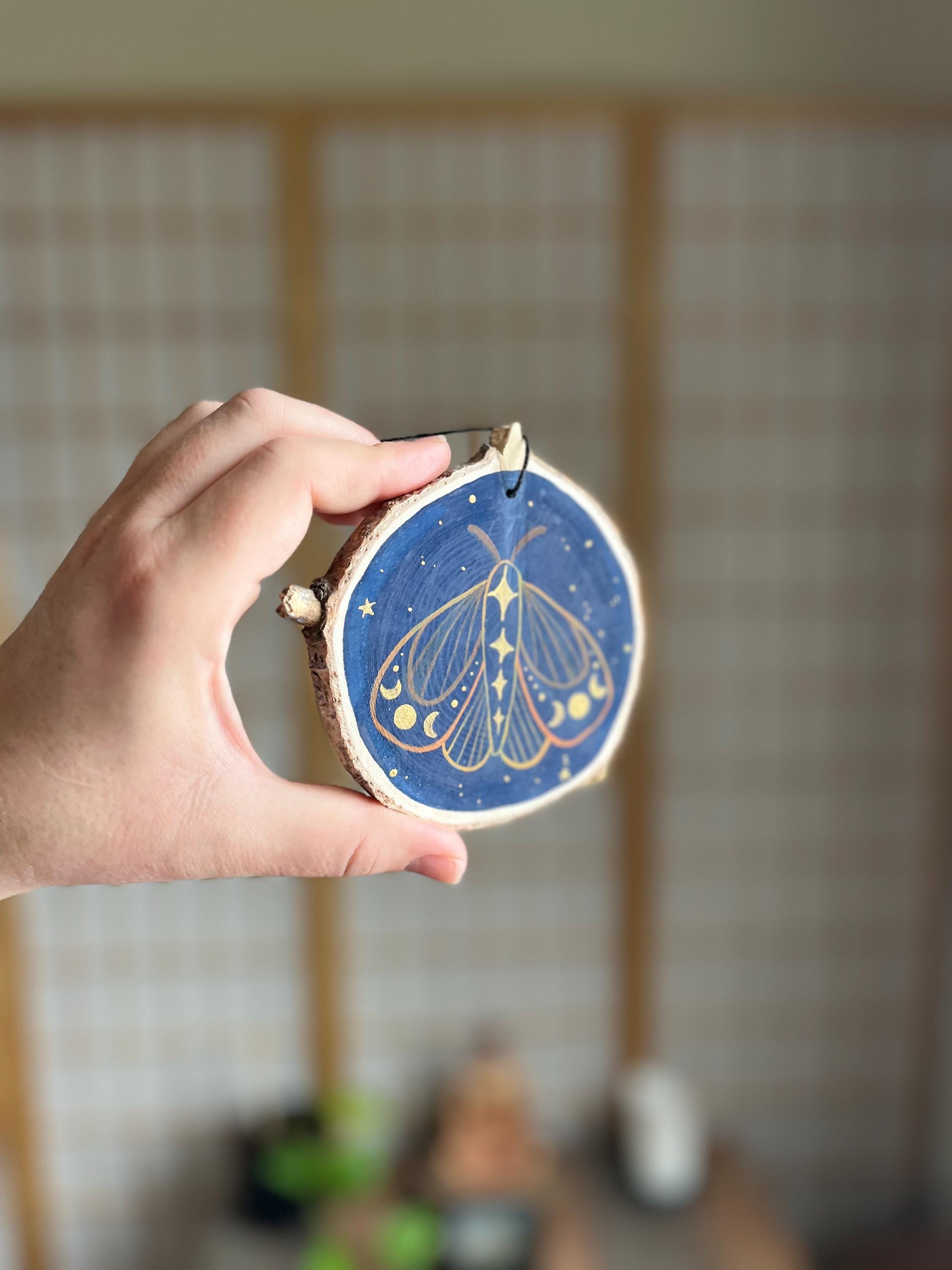 Celestial Moon Phase Moth Wood Slice Painting, Home Decor, Wall Decor ...