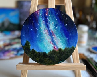 Milky Way Oil Painting, 6 Inch Canvas, Forest Decor