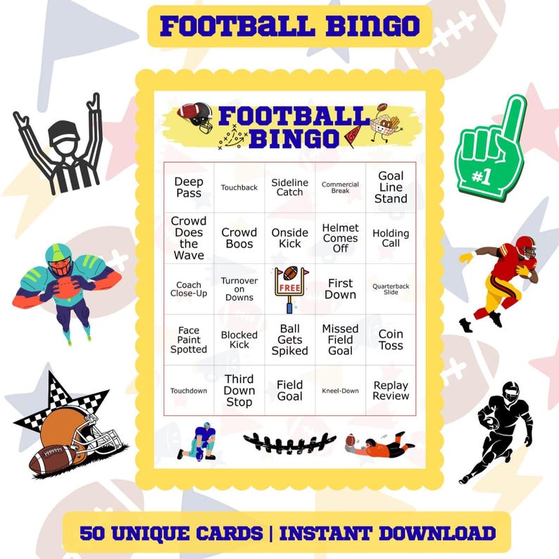 Football Bingo printable card with game day squares and 50 unique cards