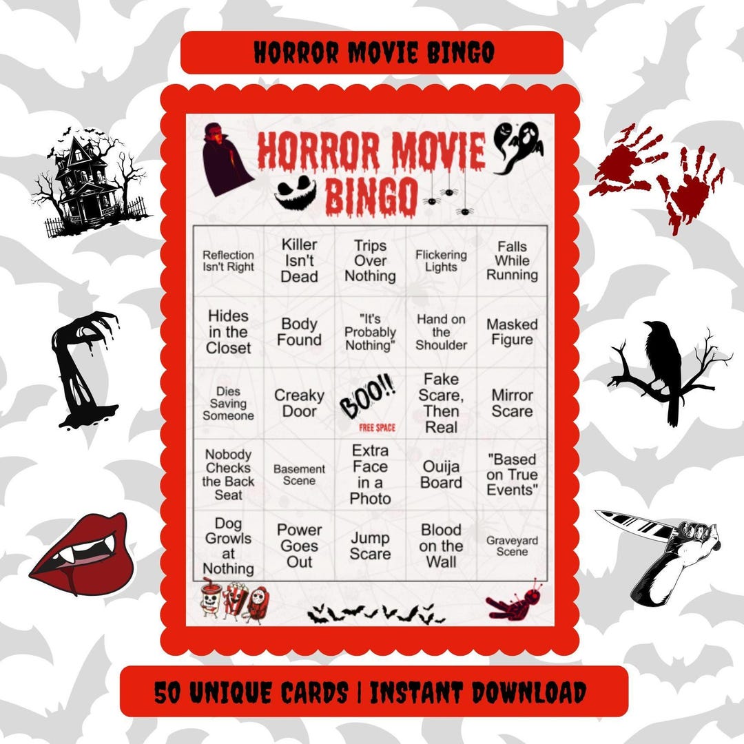 Horror Movie Bingo printable card covered in classic scary movie tropes