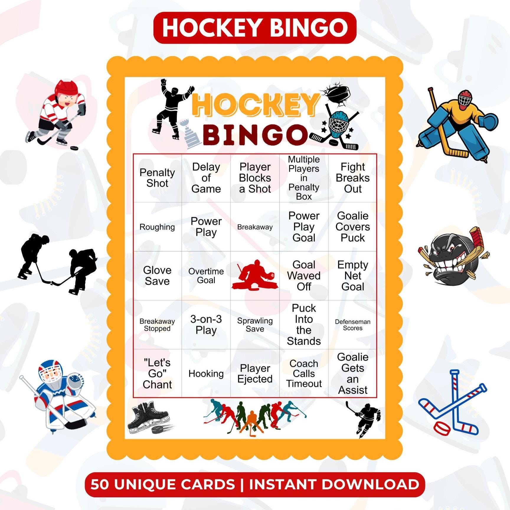 Hockey Bingo Cards Printable | Hockey Watch Party Game | 50 Unique ...