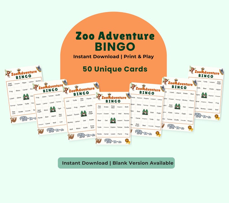 Zoo Adventure Bingo cards laid out on a table
