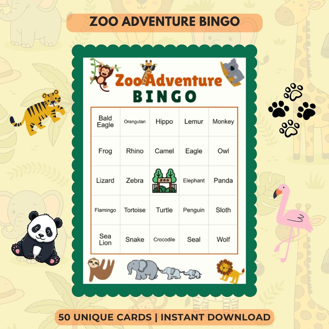Zoo Adventure Bingo printable cards featuring real zoo animals