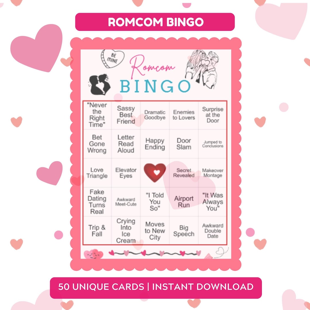 Rom Com Bingo printable cards full of romantic comedy tropes