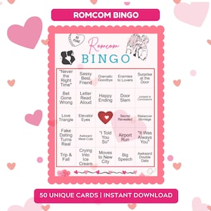 Rom Com Bingo | 50 cartes imprimables uniques | Jeu à boire pour une soirée cinéma | Fête de la Saint-Valentin | Jeu de la Saint-Valentin | Soirée entre filles | Rendez-vous amoureux