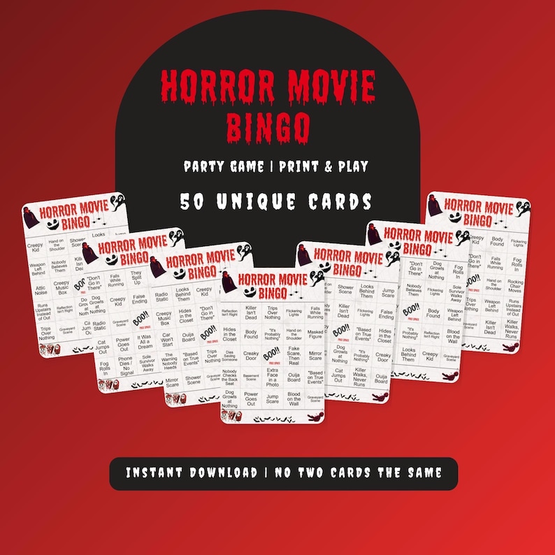 Horror Movie Bingo cards laid out for a scary movie night