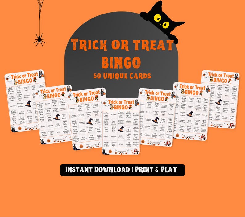 Trick or Treat Bingo printable cards fanned out with a ghost, a child in costume and a dog in a witch hat