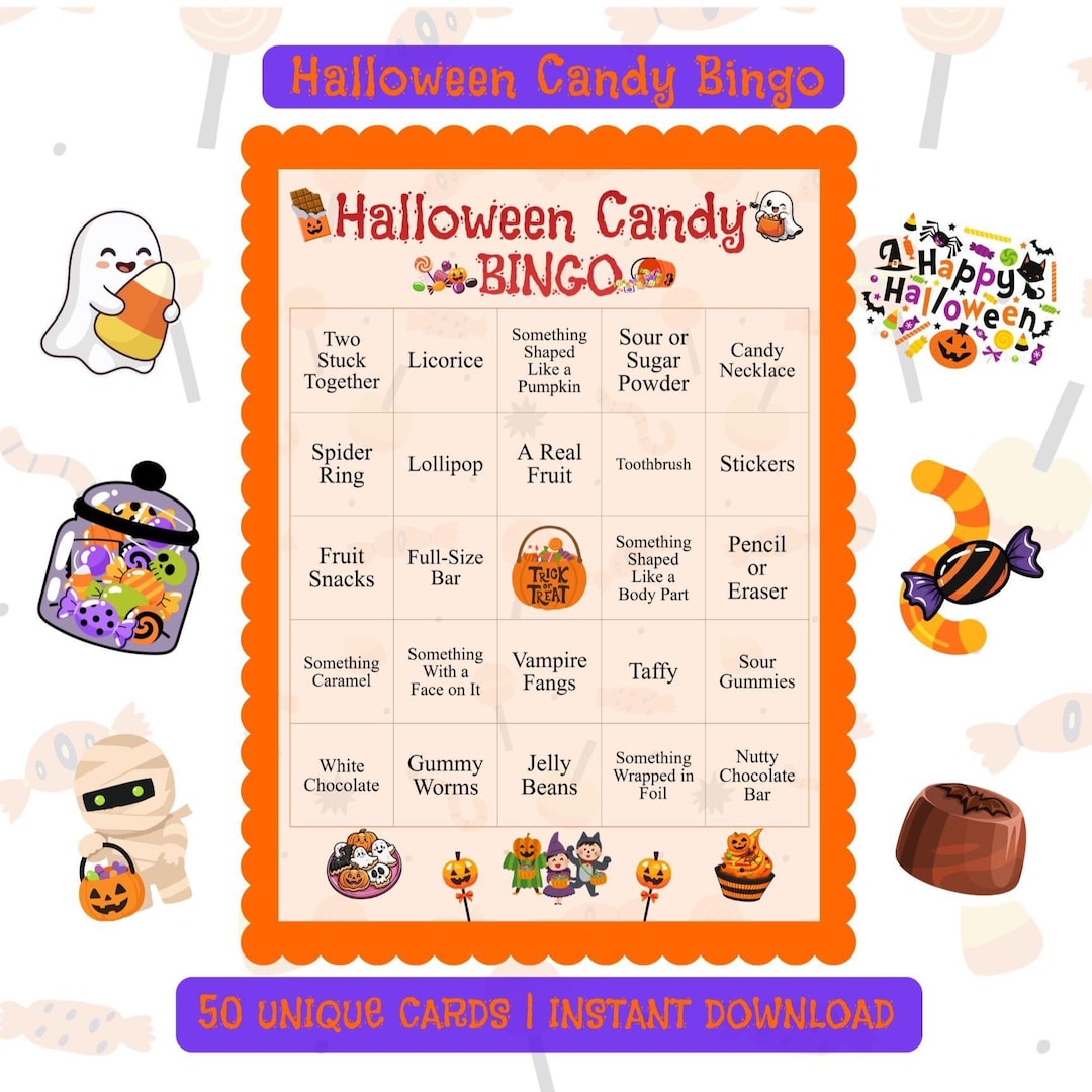 Halloween Candy Bingo printable card in an orange scalloped frame with a ghost, a candy jar and a mummy