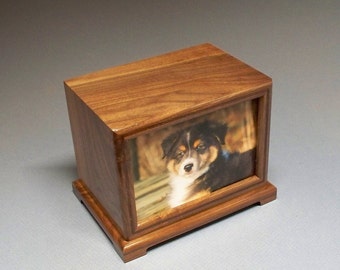 Solid Walnut Pet Urn, 90 c.i., Wooden Pet Urn, Unique Urn for Pet, Wooden Photo Urn with Lacquer Finish, Free Shipping in the U.S.A.