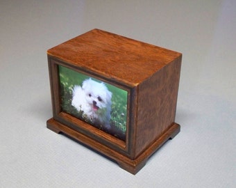 Stained White Oak Photo Urn - 50 c. i. with Lacquer Finish, Pet Urn with Picture Frame, Wood Cremation Urn, Unique Wood Urn. Made in the USA
