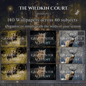 May include: Digital wallpaper collection titled "The Wildkin Court" featuring images of mammals. The collection includes 140 wallpapers across 46 subjects. The images include bears, wolves, and deer. The text "A Gravewater Alchemy Collection" is also present.
