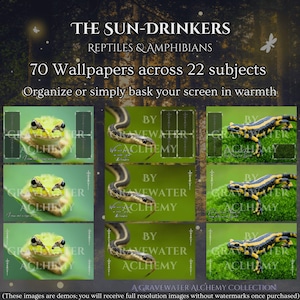 May include: Digital wallpaper collection titled "The Sun-Drinkers" featuring reptiles and amphibians. The image showcases frogs, snakes, and salamanders. The collection includes 70 wallpapers across 22 subjects. The text reads "A Gravewater Alchemy Collection."